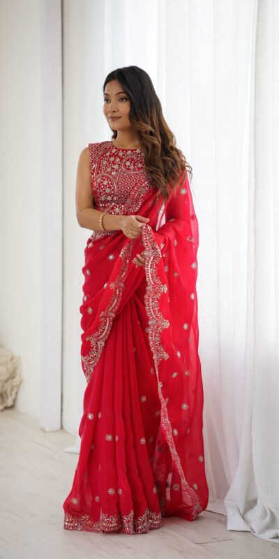 SP 88 Red Red Fendy Chiffon Saree with Embroidery Work & Sequins Work. Special Price ₹2149. Delivery 4-6 Working Days. Shop now. | Sarees, Bollywood Sarees, Creative Sarees, Designer Sarees, Embroidered Sarees, Ethnic Saree, Modern Digital sarees, Party Wear Sarees