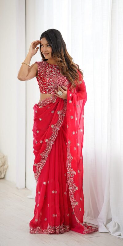 SP 88 Red Red Fendy Chiffon Saree with Embroidery Work & Sequins Work. Special Price ₹2149. Delivery 4-6 Working Days. Shop now. | Sarees, Bollywood Sarees, Creative Sarees, Designer Sarees, Embroidered Sarees, Ethnic Saree, Modern Digital sarees, Party Wear Sarees