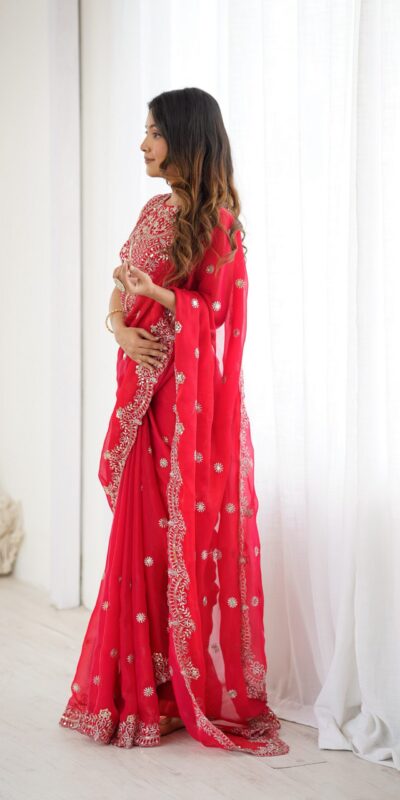 SP 88 Red Red Fendy Chiffon Saree with Embroidery Work & Sequins Work. Special Price ₹2149. Delivery 4-6 Working Days. Shop now. | Sarees, Bollywood Sarees, Creative Sarees, Designer Sarees, Embroidered Sarees, Ethnic Saree, Modern Digital sarees, Party Wear Sarees