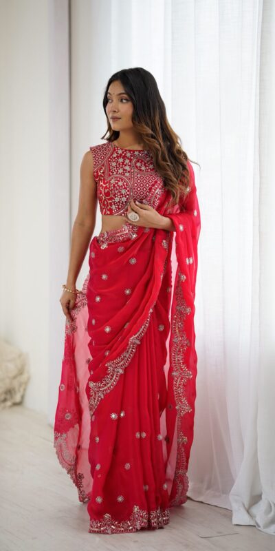 SP 88 Red Red Fendy Chiffon Saree with Embroidery Work & Sequins Work. Special Price ₹2149. Delivery 4-6 Working Days. Shop now. | Sarees, Bollywood Sarees, Creative Sarees, Designer Sarees, Embroidered Sarees, Ethnic Saree, Modern Digital sarees, Party Wear Sarees