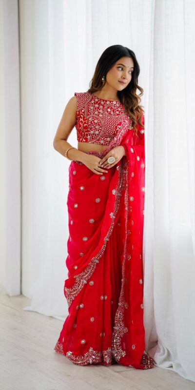 SP 88 Red Red Fendy Chiffon Saree with Embroidery Work & Sequins Work. Special Price ₹2149. Delivery 4-6 Working Days. Shop now. | Sarees, Bollywood Sarees, Creative Sarees, Designer Sarees, Embroidered Sarees, Ethnic Saree, Modern Digital sarees, Party Wear Sarees