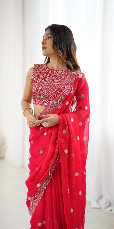 SP 88 Red Red Fendy Chiffon Saree with Embroidery Work & Sequins Work. Special Price ₹2149. Delivery 4-6 Working Days. Shop now. | Sarees, Bollywood Sarees, Creative Sarees, Designer Sarees, Embroidered Sarees, Ethnic Saree, Modern Digital sarees, Party Wear Sarees