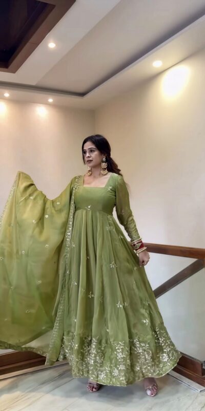 NSR 907 Mehendi Fendy Silk Gown with Embroidery Work & Sequins Work. Special Price ₹2399. Delivery 4-6 Working Days. Shop now. | Gowns, Bollywood Gowns, Creative Gowns, Designer Gowns, Embroidered Gowns, Party Wear Gowns