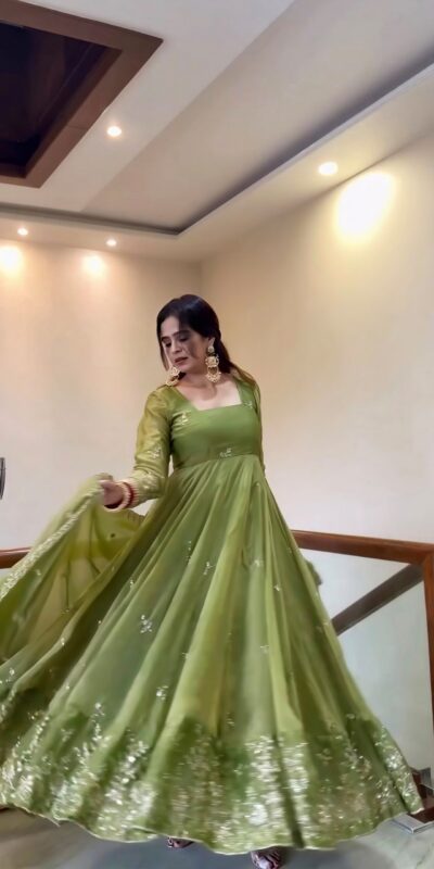NSR 907 Mehendi Fendy Silk Gown with Embroidery Work & Sequins Work. Special Price ₹2399. Delivery 4-6 Working Days. Shop now. | Gowns, Bollywood Gowns, Creative Gowns, Designer Gowns, Embroidered Gowns, Party Wear Gowns