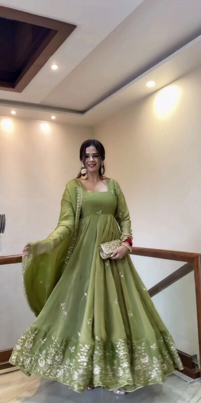 NSR 907 Mehendi Fendy Silk Gown with Embroidery Work & Sequins Work. Special Price ₹2399. Delivery 4-6 Working Days. Shop now. | Gowns, Bollywood Gowns, Creative Gowns, Designer Gowns, Embroidered Gowns, Party Wear Gowns