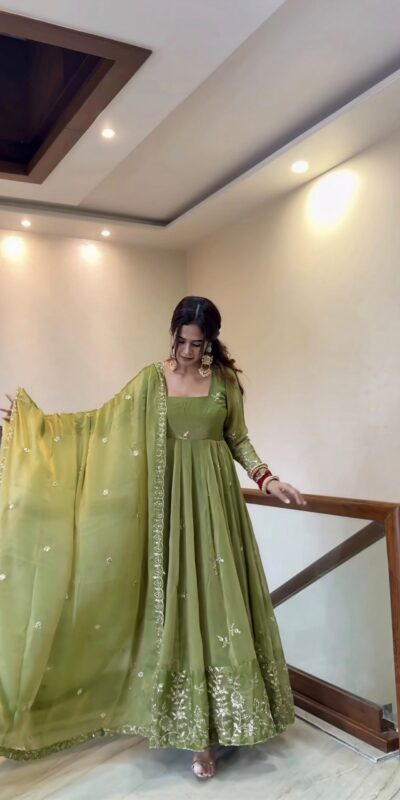 NSR 907 Mehendi Fendy Silk Gown with Embroidery Work & Sequins Work. Special Price ₹2399. Delivery 4-6 Working Days. Shop now. | Gowns, Bollywood Gowns, Creative Gowns, Designer Gowns, Embroidered Gowns, Party Wear Gowns