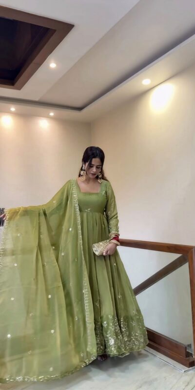 NSR 907 Mehendi Fendy Silk Gown with Embroidery Work & Sequins Work. Special Price ₹2399. Delivery 4-6 Working Days. Shop now. | Gowns, Bollywood Gowns, Creative Gowns, Designer Gowns, Embroidered Gowns, Party Wear Gowns