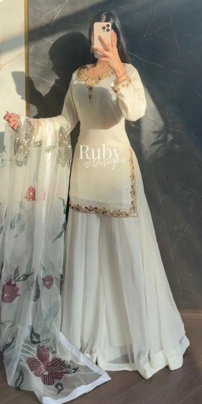 WW 1263 Off White Faux Georgette Salwar Suit with Mirror Work & Embroidery Work. Get it for ₹2149. Delivery 4-6 Working Days. Shop now. | Jump Suits, Salwar suit, Casual Suits, Creative suits, Designer Suits, Palazzo Suits, Party Wear Suits, Patiala Suits, Straight Suits