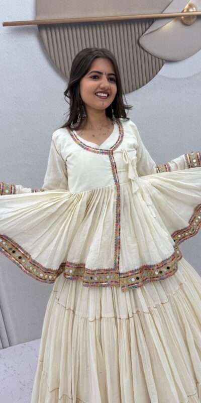 PC 596 Off White in Pure Cotton Mirror Work & Gamthi Work Lehenga Choli . Exclusive Offer ₹2999. Delivery 4-6 Working Days. Shop now. | Lehenga, Bollywood Lehenga, Creative Lehenga, Designer Lehenga, Embroidered Lehenga, Party Wear Lehenga