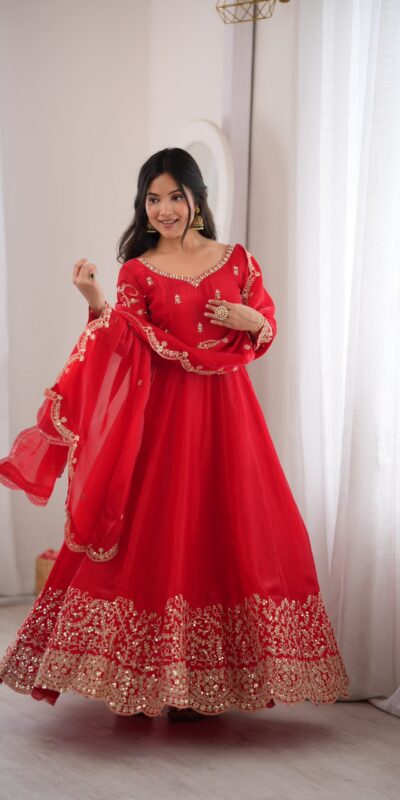 ZSR 3185 Red Fendy Silk Gown with Embroidery Work & Sequins Work. Special Price ₹2399. Delivery 4-6 Working Days. Shop now. | Gowns, Bollywood Gowns, Creative Gowns, Designer Gowns, Embroidered Gowns, Party Wear Gowns