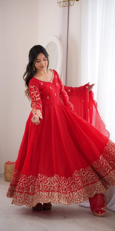 ZSR 3185 Red Fendy Silk Gown with Embroidery Work & Sequins Work. Special Price ₹2399. Delivery 4-6 Working Days. Shop now. | Gowns, Bollywood Gowns, Creative Gowns, Designer Gowns, Embroidered Gowns, Party Wear Gowns