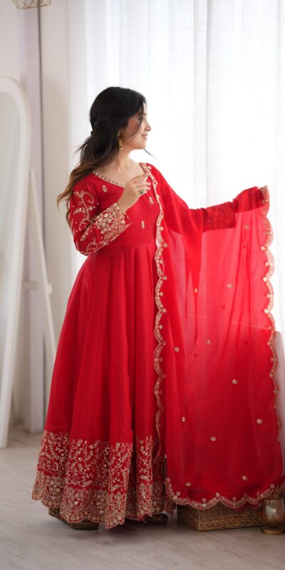 ZSR 3185 Red Fendy Silk Gown with Embroidery Work & Sequins Work. Special Price ₹2399. Delivery 4-6 Working Days. Shop now. | Gowns, Bollywood Gowns, Creative Gowns, Designer Gowns, Embroidered Gowns, Party Wear Gowns