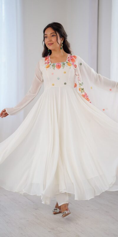 NSR 901 White Faux Georgette Salwar Suit with Lace Work & Embroidery Work. Introductory Price ₹2099. Delivery 4-6 Working Days. Shop now. | Jump Suits, Salwar suit, Casual Suits, Creative suits, Designer Suits, Palazzo Suits, Party Wear Suits, Patiala Suits, Straight Suits