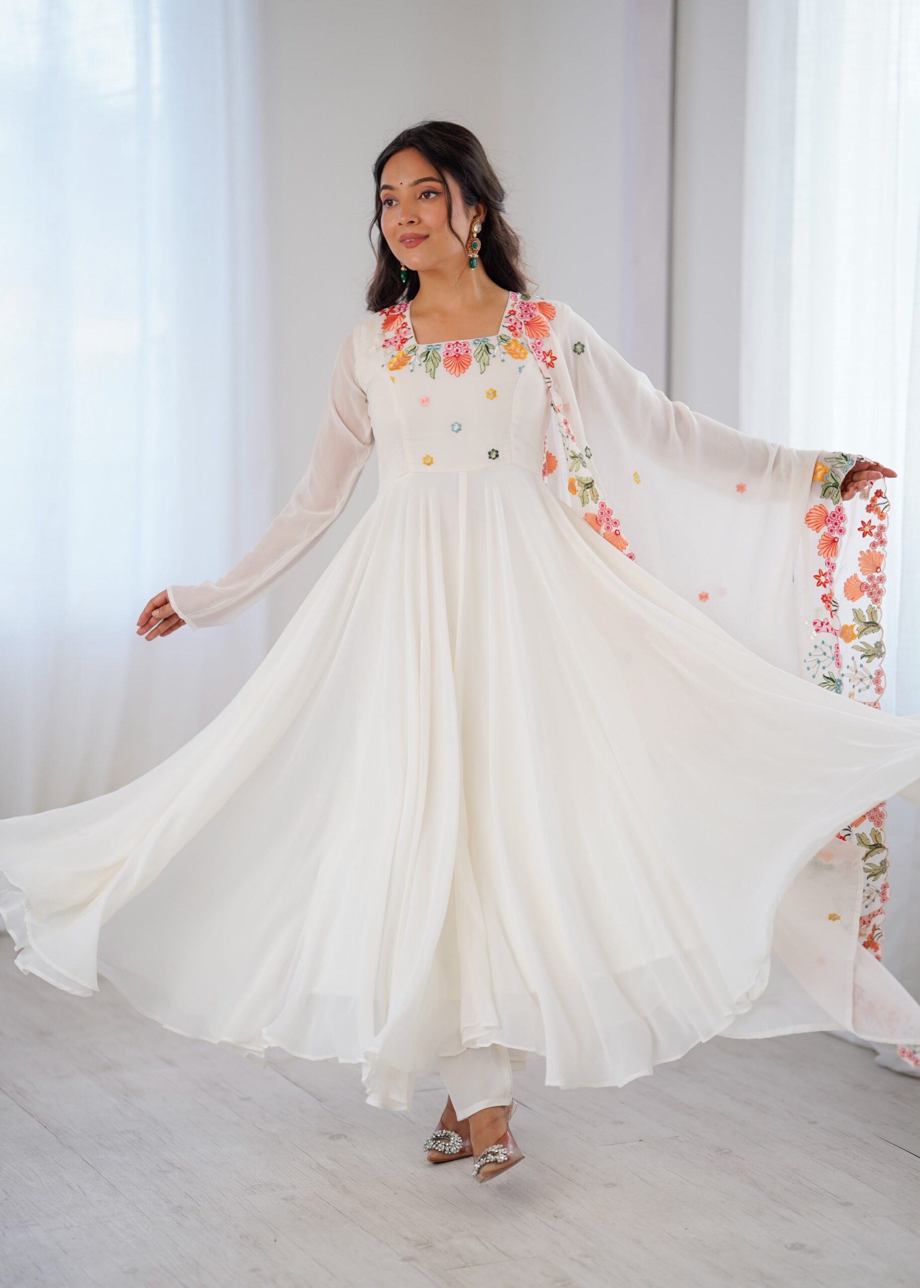 NSR 901 White Faux Georgette Salwar Suit with Lace Work & Embroidery Work. Introductory Price ₹2099. Delivery 4-6 Working Days. Shop now. | Jump Suits, Salwar suit, Casual Suits, Creative suits, Designer Suits, Palazzo Suits, Party Wear Suits, Patiala Suits, Straight Suits