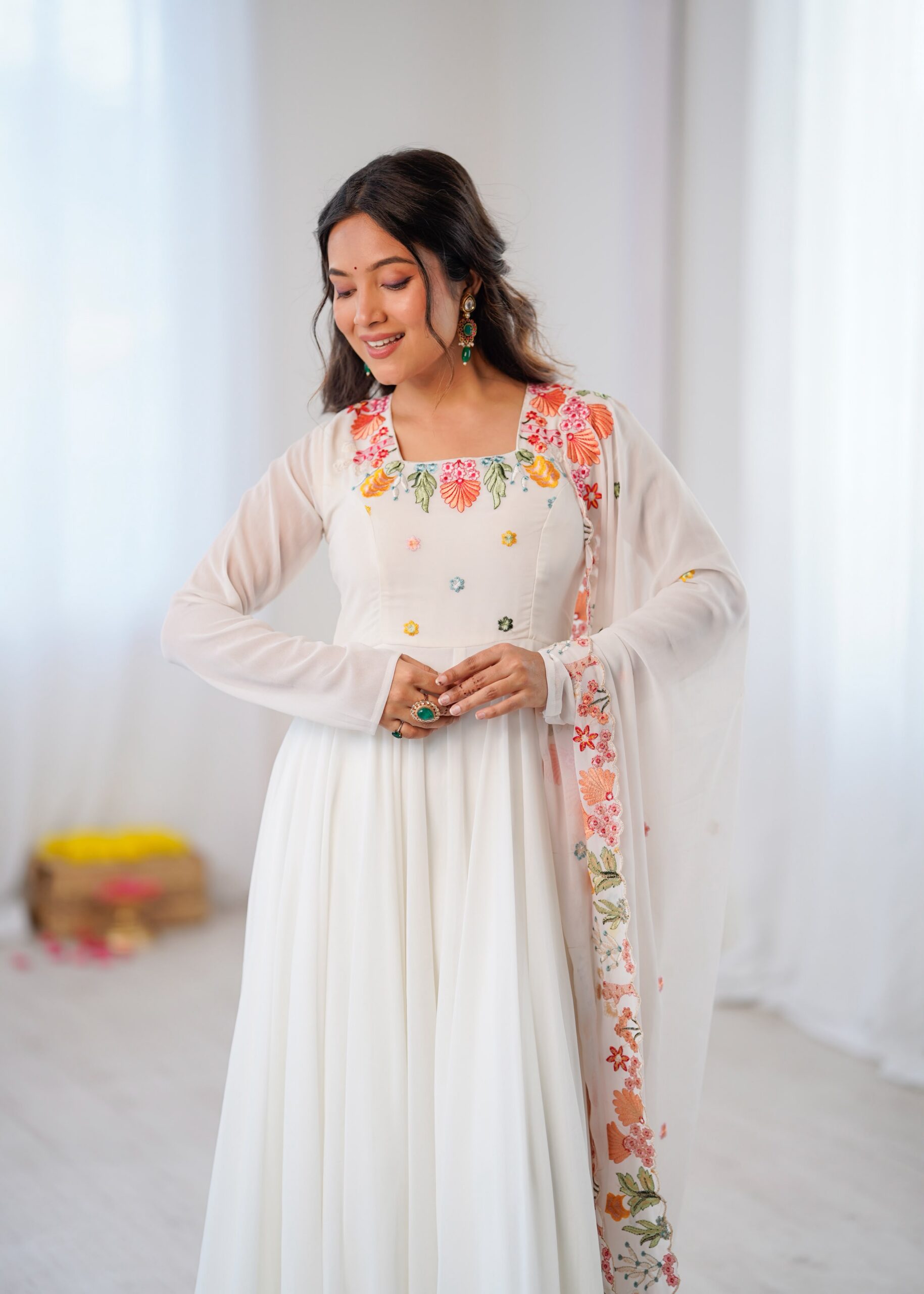 NSR 901 White Faux Georgette Salwar Suit with Lace Work & Embroidery Work. Introductory Price ₹2099. Delivery 4-6 Working Days. Shop now. | Jump Suits, Salwar suit, Casual Suits, Creative suits, Designer Suits, Palazzo Suits, Party Wear Suits, Patiala Suits, Straight Suits