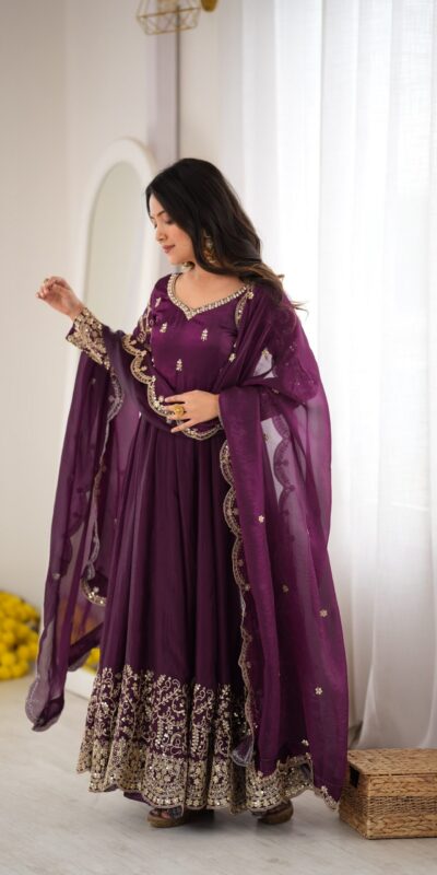 ZSR 3185 Wine Fendy Silk Gown with Embroidery Work & Sequins Work. Special Price ₹2399. Delivery 4-6 Working Days. Shop now. | Gowns, Bollywood Gowns, Creative Gowns, Designer Gowns, Embroidered Gowns, Party Wear Gowns