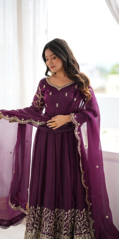 ZSR 3185 Wine Fendy Silk Gown with Embroidery Work & Sequins Work. Special Price ₹2399. Delivery 4-6 Working Days. Shop now. | Gowns, Bollywood Gowns, Creative Gowns, Designer Gowns, Embroidered Gowns, Party Wear Gowns