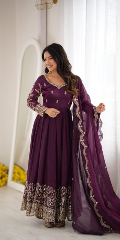 ZSR 3185 Wine Fendy Silk Gown with Embroidery Work & Sequins Work. Special Price ₹2399. Delivery 4-6 Working Days. Shop now. | Gowns, Bollywood Gowns, Creative Gowns, Designer Gowns, Embroidered Gowns, Party Wear Gowns