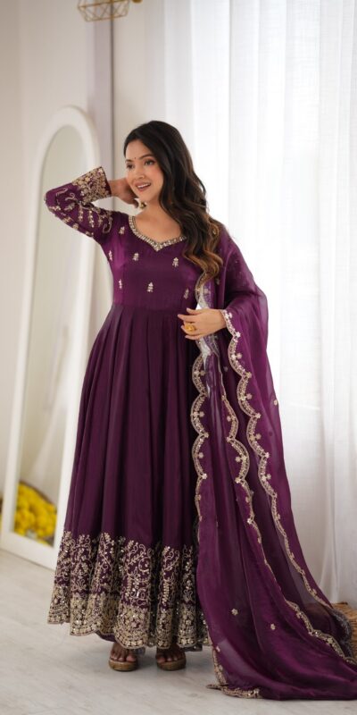 ZSR 3185 Wine Fendy Silk Gown with Embroidery Work & Sequins Work. Special Price ₹2399. Delivery 4-6 Working Days. Shop now. | Gowns, Bollywood Gowns, Creative Gowns, Designer Gowns, Embroidered Gowns, Party Wear Gowns