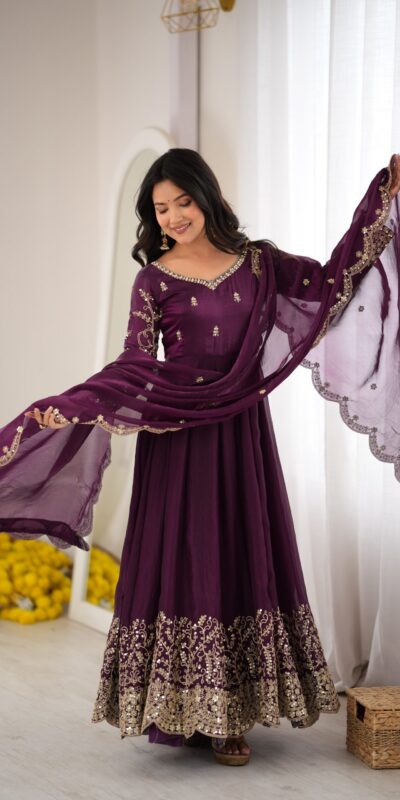 ZSR 3185 Wine Fendy Silk Gown with Embroidery Work & Sequins Work. Special Price ₹2399. Delivery 4-6 Working Days. Shop now. | Gowns, Bollywood Gowns, Creative Gowns, Designer Gowns, Embroidered Gowns, Party Wear Gowns