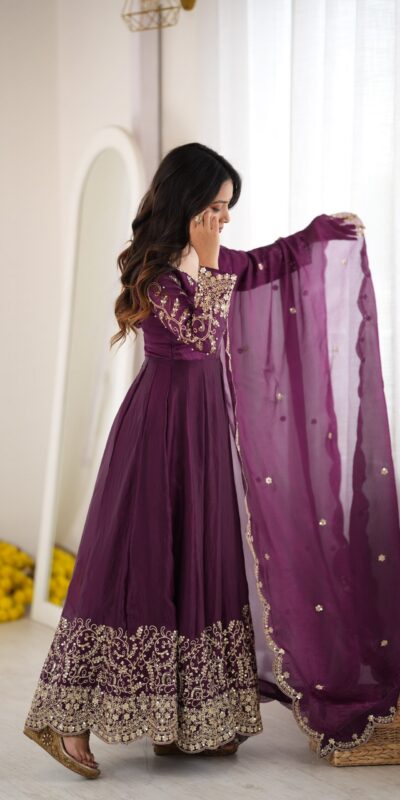 ZSR 3185 Wine Fendy Silk Gown with Embroidery Work & Sequins Work. Special Price ₹2399. Delivery 4-6 Working Days. Shop now. | Gowns, Bollywood Gowns, Creative Gowns, Designer Gowns, Embroidered Gowns, Party Wear Gowns