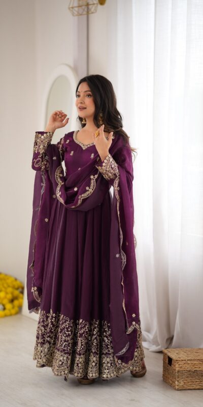 ZSR 3185 Wine Fendy Silk Gown with Embroidery Work & Sequins Work. Special Price ₹2399. Delivery 4-6 Working Days. Shop now. | Gowns, Bollywood Gowns, Creative Gowns, Designer Gowns, Embroidered Gowns, Party Wear Gowns
