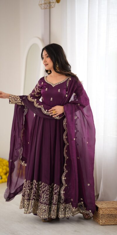 ZSR 3185 Wine Fendy Silk Gown with Embroidery Work & Sequins Work. Special Price ₹2399. Delivery 4-6 Working Days. Shop now. | Gowns, Bollywood Gowns, Creative Gowns, Designer Gowns, Embroidered Gowns, Party Wear Gowns