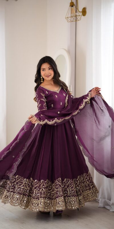 ZSR 3185 Wine Fendy Silk Gown with Embroidery Work & Sequins Work. Special Price ₹2399. Delivery 4-6 Working Days. Shop now. | Gowns, Bollywood Gowns, Creative Gowns, Designer Gowns, Embroidered Gowns, Party Wear Gowns