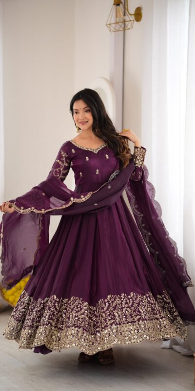 ZSR 3185 Wine Fendy Silk Gown with Embroidery Work & Sequins Work. Special Price ₹2399. Delivery 4-6 Working Days. Shop now. | Gowns, Bollywood Gowns, Creative Gowns, Designer Gowns, Embroidered Gowns, Party Wear Gowns