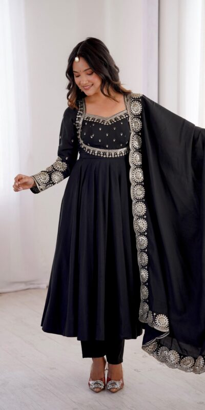 ZF 5026 Black Colour Roman Silk Salwar Suit with Embroidery Work. Best Price ₹2399. Delivery 4-6 Working Days. Online Shop now. | Anarkali Suits, Bollywood Anarkali, Creative-Anarkali, Designer Anarkali, Embroidered Anarkali, Party Wear Anarkali