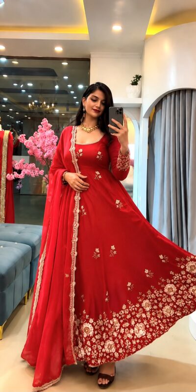 SSR 548 Red Fendy Silk Gown with Sequins Work & Thread Embroidery. Now at just ₹2399. Delivery 4-6 Working Days. Shop now. | Gowns, Bollywood Gowns, Creative Gowns, Designer Gowns, Embroidered Gowns, Party Wear Gowns