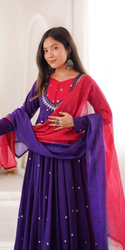 ZF 5023 Purple Roman Silk Gown with Mirror Work & Embroidery Work. Special Price ₹2099. Delivery 4-6 Working Days. Shop now. | Gowns, Bollywood Gowns, Creative Gowns, Designer Gowns, Embroidered Gowns, Party Wear Gowns