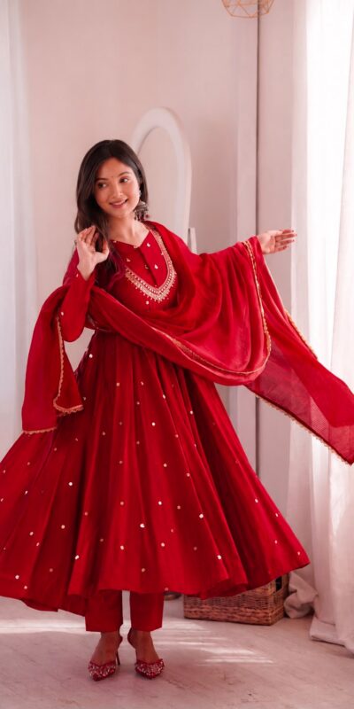 ZF 5023 Red Roman Silk Gown with Mirror Work & Embroidery Work. Special Price ₹2099. Delivery 4-6 Working Days. Shop now. | Gowns, Bollywood Gowns, Creative Gowns, Designer Gowns, Embroidered Gowns, Party Wear Gowns