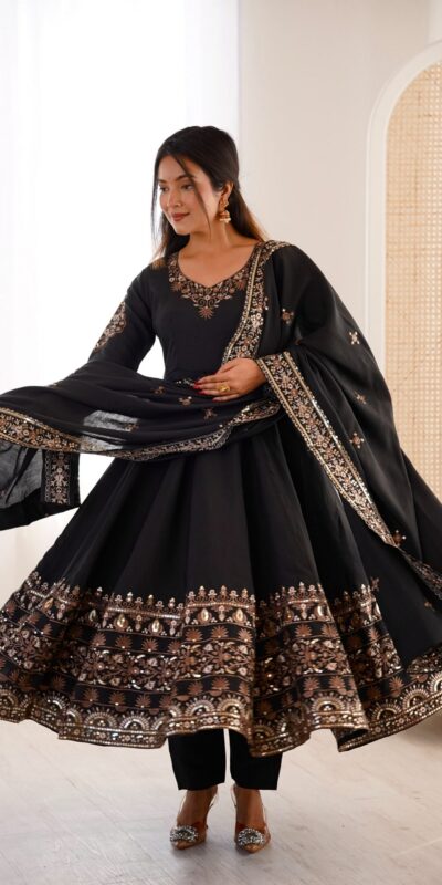 ZF 5016 Black Roman Silk Gown with Embroidery Work. Wedding, Party, Festive, Events, Navratri, Exclusive Offer ₹2499. Delivery 4-6 Working Days. Shop now. | Gowns, Bollywood Gowns, Creative Gowns, Designer Gowns, Embroidered Gowns, Party Wear Gowns