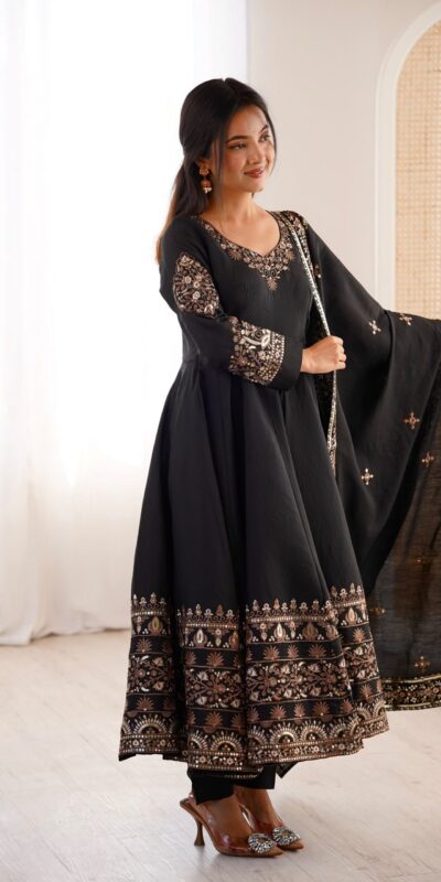ZF 5016 Black Roman Silk Gown with Embroidery Work. Wedding, Party, Festive, Events, Navratri, Exclusive Offer ₹2499. Delivery 4-6 Working Days. Shop now. | Gowns, Bollywood Gowns, Creative Gowns, Designer Gowns, Embroidered Gowns, Party Wear Gowns