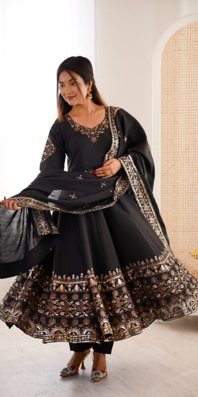 ZF 5016 Black Roman Silk Gown with Embroidery Work. Wedding, Party, Festive, Events, Navratri, Exclusive Offer ₹2499. Delivery 4-6 Working Days. Shop now. | Gowns, Bollywood Gowns, Creative Gowns, Designer Gowns, Embroidered Gowns, Party Wear Gowns