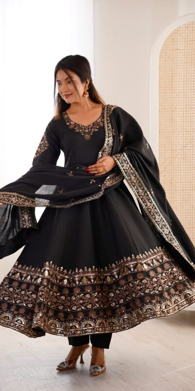 ZF 5016 Black Roman Silk Gown with Embroidery Work. Wedding, Party, Festive, Events, Navratri, Exclusive Offer ₹2499. Delivery 4-6 Working Days. Shop now. | Gowns, Bollywood Gowns, Creative Gowns, Designer Gowns, Embroidered Gowns, Party Wear Gowns