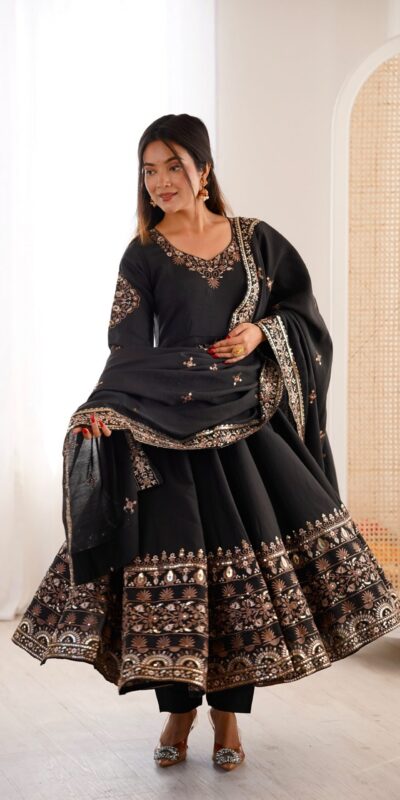 ZF 5016 Black Roman Silk Gown with Embroidery Work. Wedding, Party, Festive, Events, Navratri, Exclusive Offer ₹2499. Delivery 4-6 Working Days. Shop now. | Gowns, Bollywood Gowns, Creative Gowns, Designer Gowns, Embroidered Gowns, Party Wear Gowns