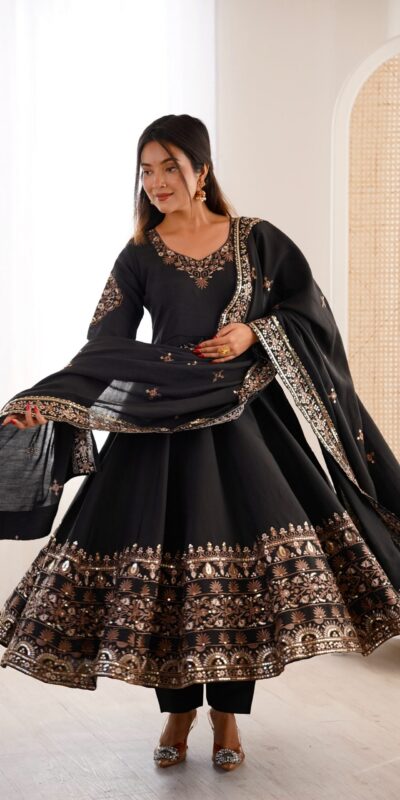 ZF 5016 Black Roman Silk Gown with Embroidery Work. Wedding, Party, Festive, Events, Navratri, Exclusive Offer ₹2499. Delivery 4-6 Working Days. Shop now. | Gowns, Bollywood Gowns, Creative Gowns, Designer Gowns, Embroidered Gowns, Party Wear Gowns