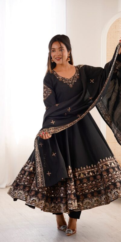 ZF 5016 Black Roman Silk Gown with Embroidery Work. Wedding, Party, Festive, Events, Navratri, Exclusive Offer ₹2499. Delivery 4-6 Working Days. Shop now. | Gowns, Bollywood Gowns, Creative Gowns, Designer Gowns, Embroidered Gowns, Party Wear Gowns