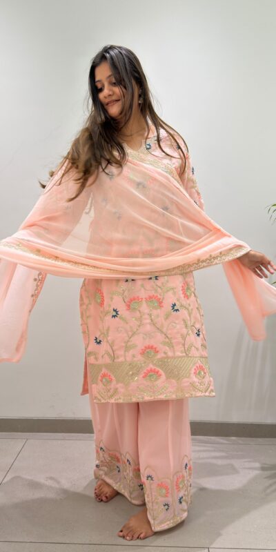 BE 486 Peach Faux Georgette Salwar Suit with Mirror Work & Embroidery Work. Get it for ₹2449. Delivery 4-6 Working Days. Shop now. | Jump Suits, Salwar suit, Casual Suits, Creative suits, Designer Suits, Palazzo Suits, Party Wear Suits, Patiala Suits, Straight Suits