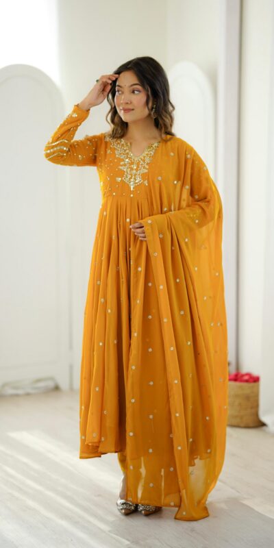 JF 056 Yellow Faux Georgette Salwar Suit with Mirror Work & Embroidery Work. Get it for ₹2349. Delivery 4-6 Working Days. Shop now. | Jump Suits, Salwar suit, Casual Suits, Creative suits, Designer Suits, Palazzo Suits, Party Wear Suits, Patiala Suits, Straight Suits