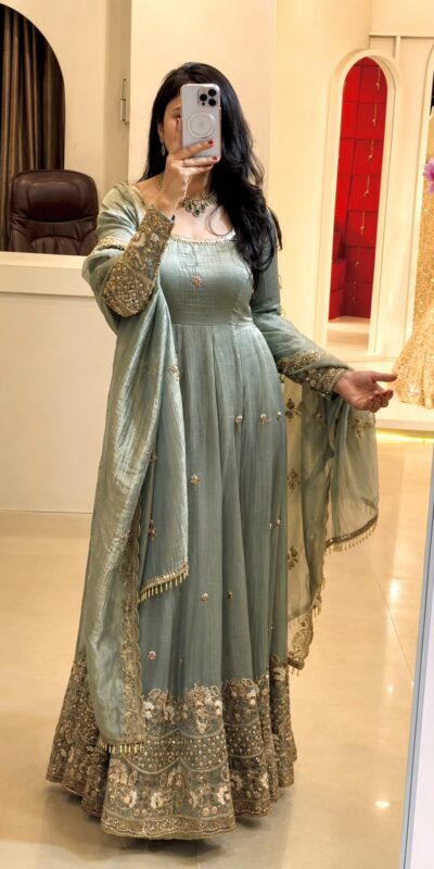 SSR 550 Grey in Crunchy Silk Embroidery Work & Lace Work Gown . Special Price ₹2799. Delivery 4-6 Working Days. Shop now. | Gowns, Bollywood Gowns, Creative Gowns, Designer Gowns, Embroidered Gowns, Party Wear Gowns