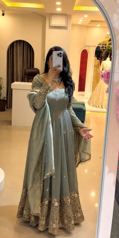 SSR 550 Grey in Crunchy Silk Embroidery Work & Lace Work Gown . Special Price ₹2799. Delivery 4-6 Working Days. Shop now. | Gowns, Bollywood Gowns, Creative Gowns, Designer Gowns, Embroidered Gowns, Party Wear Gowns