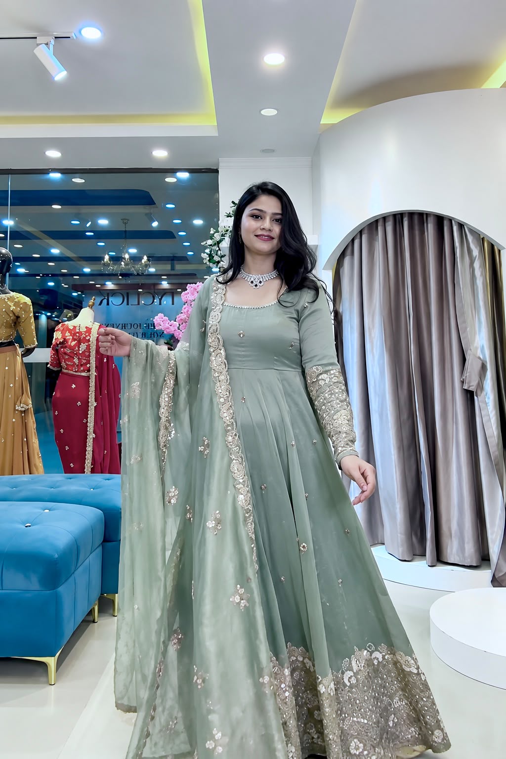 SSR 550 Grey in Crunchy Silk Embroidery Work & Lace Work Gown . Special Price ₹2799. Delivery 4-6 Working Days. Shop now. | Gowns, Bollywood Gowns, Creative Gowns, Designer Gowns, Embroidered Gowns, Party Wear Gowns