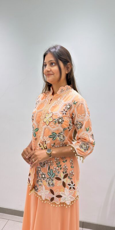 BE 492 Peach in Fox Georgette. Sequins Work & Embroidery Work Salwar Suit Special Price ₹2299. Delivery 4-6 Working Days. Shop now. | Jump Suits, Salwar suit, Casual Suits, Creative suits, Designer Suits, Palazzo Suits, Party Wear Suits, Patiala Suits, Straight Suits