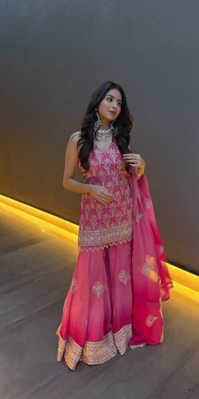 ST 1190 Pink Printed Faux Georgette Salwar Suit with Embroidery Work & Lace Work. Affordable Price ₹2349. Delivery 4-6 Working Days. Shop now. | Jump Suits, Salwar suit, Casual Suits, Creative suits, Designer Suits, Palazzo Suits, Party Wear Suits, Patiala Suits, Straight Suits