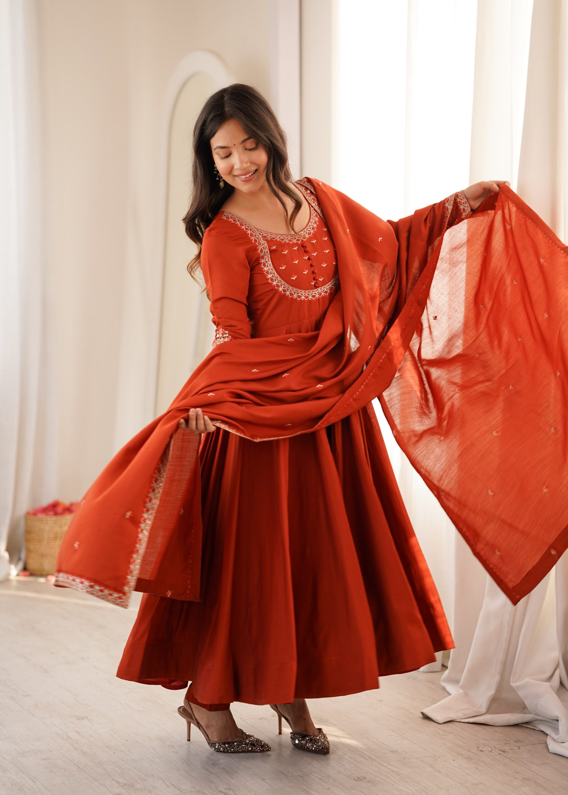 KB 312 Rust Roman Silk Chanderi Anarkali Suit with Thread Embroidery & Embroidery Work. Special Price ₹2299. Delivery 4-6 Working Days. Shop now. | Anarkali Suits, Bollywood Anarkali, Creative-Anarkali, Designer Anarkali, Embroidered Anarkali, Party Wear Anarkali
