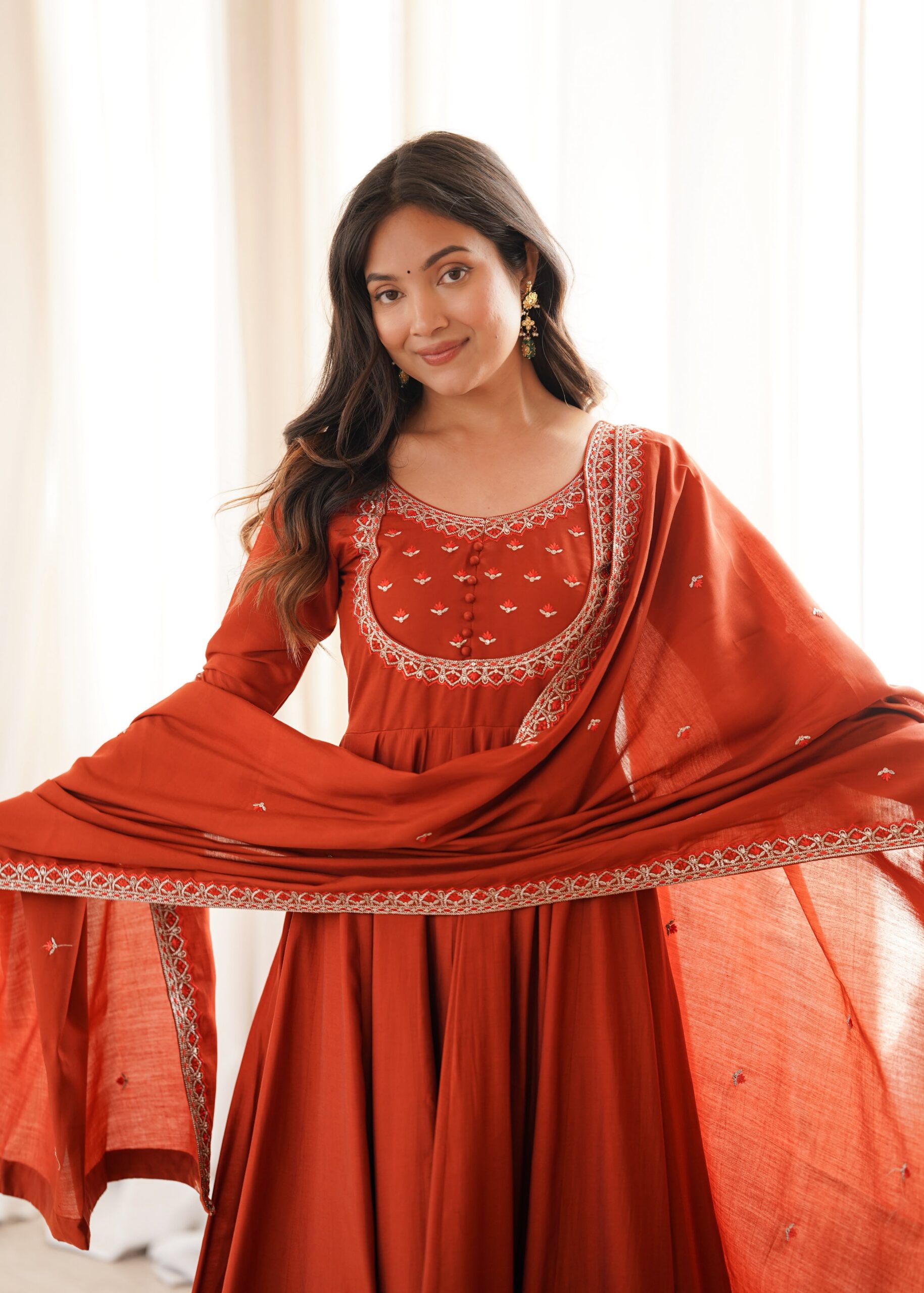 KB 312 Rust Roman Silk Chanderi Anarkali Suit with Thread Embroidery & Embroidery Work. Special Price ₹2299. Delivery 4-6 Working Days. Shop now. | Anarkali Suits, Bollywood Anarkali, Creative-Anarkali, Designer Anarkali, Embroidered Anarkali, Party Wear Anarkali