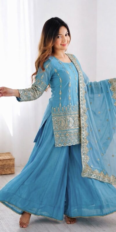 ZF 430 Sky Blue Vichitra Silk Salwar Suit with Embroidery Work. Wedding, Party, Festive, Events, Grab it for ₹2399. Delivery 4-6 Working Days. Shop now. | Jump Suits, Salwar suit, Casual Suits, Creative suits, Designer Suits, Palazzo Suits, Party Wear Suits, Patiala Suits, Straight Suits